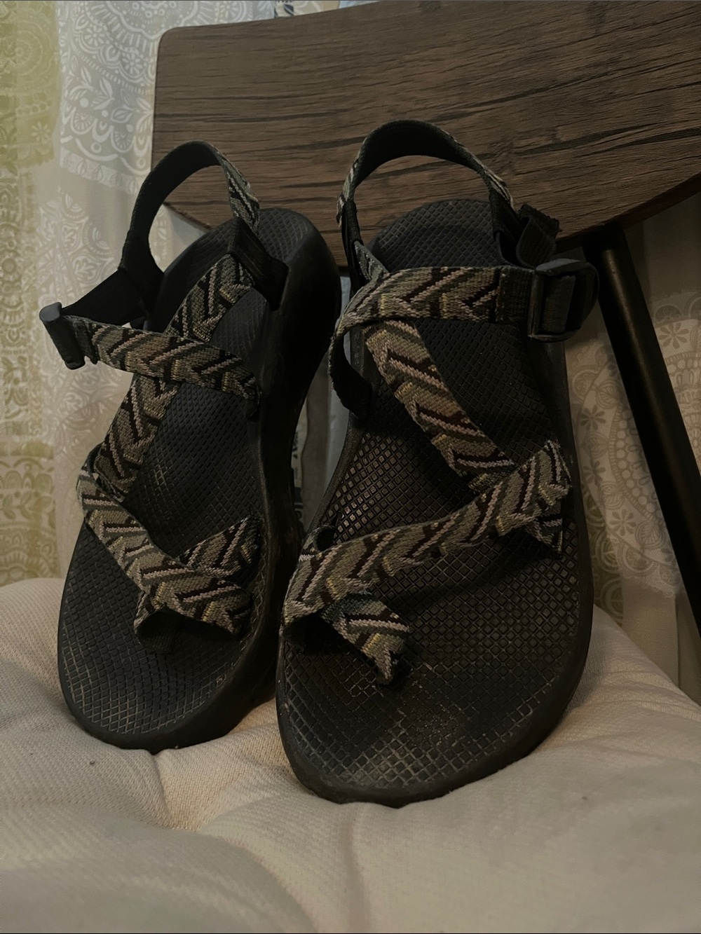 Chaco Outdoor Strappy Sandals in Black with Olive-Tan Patterned Straps